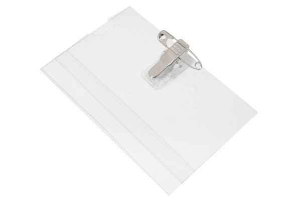 Naamkaartjes, 67,5 x 103 mm, met krokodillenklem en veiligheidsspeld