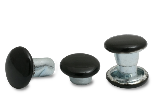 Dubbele holle klinknagels, kopdiameter 6 mm, gesloten voet, koppen zwart gelakt